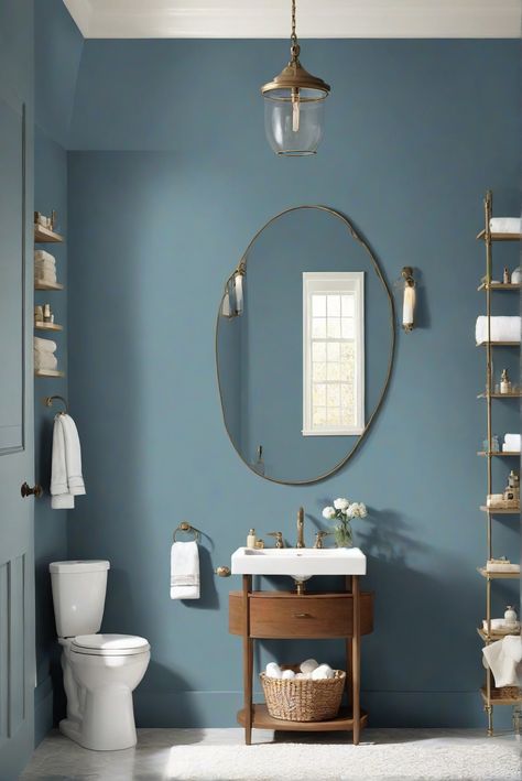 wall paint colors, home remodeling, interior design services, kitchen remodels, bathroom renovation Sherwin Williams Blue Bathroom, Smokey Blue Bathroom, Blue Wall Bathroom Ideas, Blue Accent Wall Bathroom, Blue Half Bathroom, Blue Bathroom Paint Colors, Blue Wall Bathroom, Deep Blue Bathroom, Moody Blue Bathroom