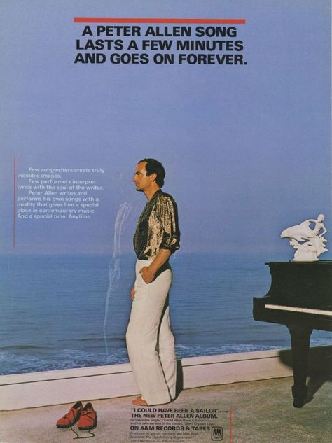 A Peter Allen advertisement for his album "I Could Have Been A Sailor" from Billboard Magazine, vol. 91, no. 14, 07 April 1979. What a beautiful message: "A Peter Allen song lasts a few minutes and goes on forever." Very true! Peter Allen, Billboard Magazine, Contemporary Music, Special Places, Out Loud, Songwriting, Magazine, Songs, Memes