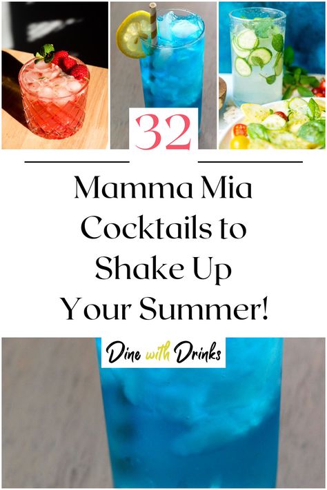 Collage of 4 mamma mia cocktails. Mama Mia Snack Ideas, Mama Mia Inspired Party, Mama Mia Drink Ideas, Abba Cocktails, Mamma Mia Mocktails, Mamma Mia Drink Ideas, Mamma Mia Inspired Drinks, Mamma Mia Themed Cocktails, Abba Themed Cocktails