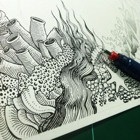 Design Stack: A Blog about Art, Design and Architecture: Beautifully Detailed Ink Drawings & Doodles Water Pen Drawing, Rooster Drawing, Water Sketch, Underwater Drawing, Cuadros Diy, Ocean Drawing, Sea Drawing, Ink Pen Art, Art Doodles