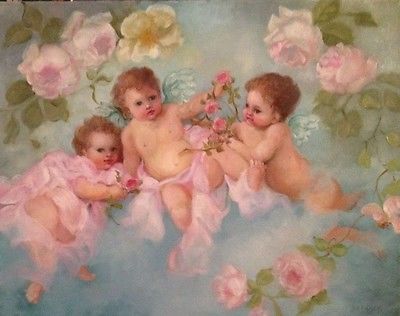 BARNES OIL PAINTING VINTAGE ANTIQUE STYLE PORTRAIT CHERUBS & ANGELS PINK ROSES Angel Baby Painting, Cherub Art, Victorian Angels, Vintage Window, Angel Wallpaper, Baby Painting, San Michele, Angel Aesthetic, Baby Fairy