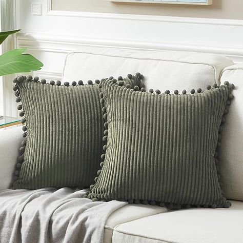 Amazon.com: Fancy Homi Pack of 2 Olive Green Decorative Throw Pillow Covers 20x20 Inch with Pom-poms for Couch Bed Living Room, Soft Corduroy Solid Square Cushion Case 50x50 cm, Farmhouse Boho Home Decor Farmhouse Boho, Striped Cushions, Boho Farmhouse, 16x16 Pillow Cover, 20x20 Pillow Covers, Pillow Room, Sofa Couch Bed, Decorative Throw Pillow Covers, Couches Living Room