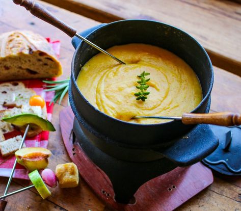 Vegan “Cheese” Fondue Vegan Cheese Fondue, Vegan Fondue, Best Vegan Cheese, Wine Yeast, Nutritional Yeast Recipes, Carrots And Potatoes, Meat Substitutes, Piece Of Bread, Bean Curd