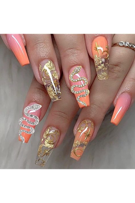 Snake Gem Nails, Snake Charm Nails, Orange Snake Nails, Nails With Snake Charm, Black And Gold Snake Nails, Acrylic Nails With Snake Charm, Gold Nail Charms, Snake Skin Nails, Gel Polish Designs