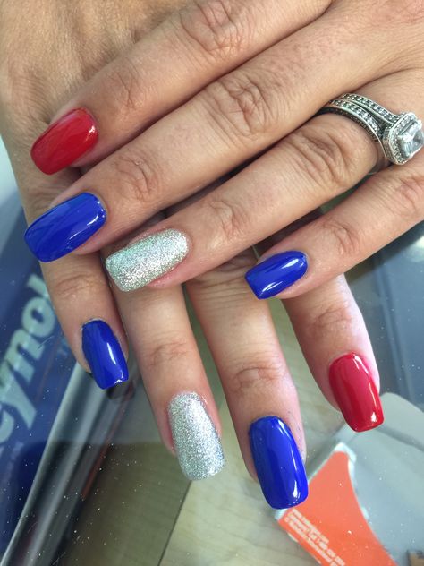 Blue red and silver nails colors Red Nails With Blue Accent Nail, Red Blue And Silver Nails, Red Blue Silver Nails, Long Squoval Nails, Red And Blue Nails Design, Blue Jays Nails, Red Blue Nails, Patriot Nails, Confirmation Nails