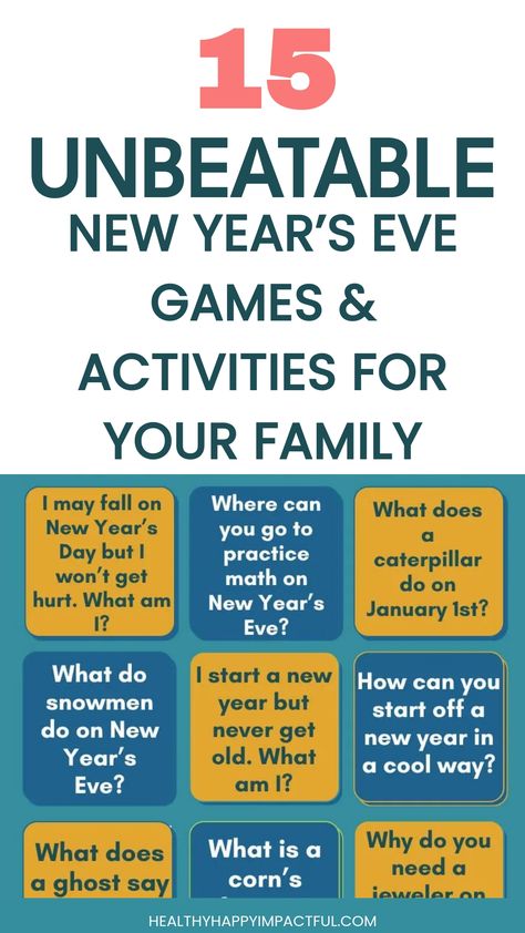 15 unbeatable New Year's Eve games and activities for your family featuring fun riddles. New Years Eve Jepordy, New Years Game Ideas For Adults, New Years Eve Family Traditions Fun, Games To Play New Years Eve Fun, Games For New Year's Eve, Games To Play At New Years Eve Party Fun, At Home New Years Eve Party Families, New Year’s Eve Activities For Families, New Year Family Activities