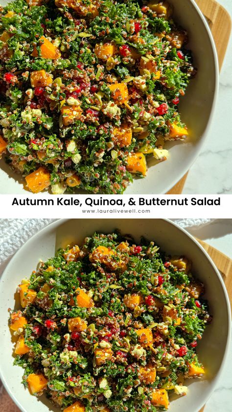 Autumn Kale, Quinoa, & Butternut Salad Salad Thanksgiving Recipes, Winter Quinoa Salad, Vegan Fall Salad, Autumn Salads, Gluten Free Quinoa Salad, Fall Quinoa Salad, Healthy Fall Salads, Warm Salad Recipes, Thanksgiving Menu Ideas Side Dishes