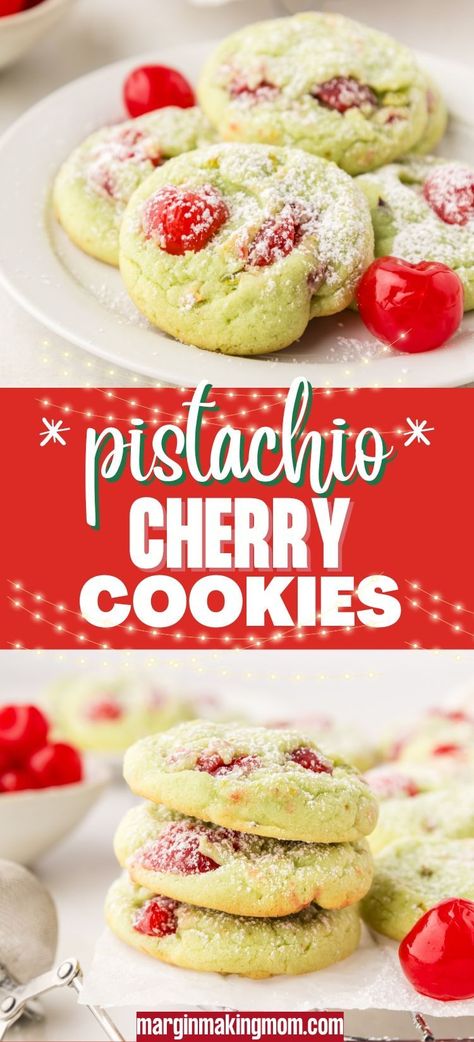 These pistachio cherry cookies are the perfect Christmas cookie recipe! They're easy to make, and the red and green colors are just so festive. Perfect for your holiday cookie exchange, a potluck, a delicious handmade gift, or for your family gatherings this Christmas season. Pistachio Pudding Christmas Cookies, Cherry Pistachio Snowball Cookies, Pistachio Cookies Pudding, Pistachio Sugar Cookies, Pistachio Cherry Cookies, Pistachio Pudding Recipes, Cherry Pistachio Cookies, Christmas Pudding Cookies, Cookies With Cherries