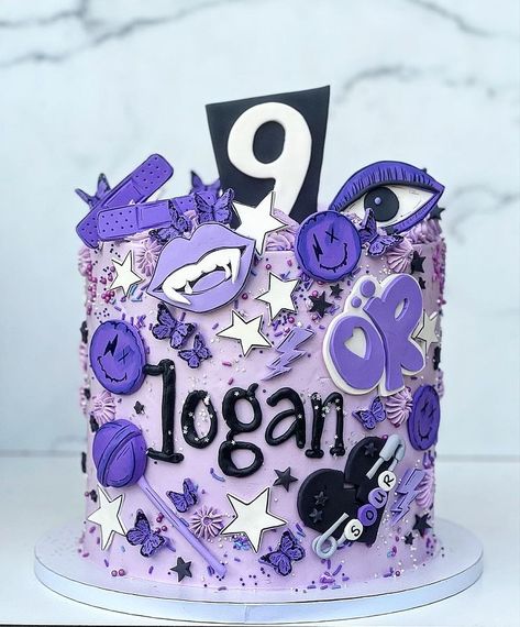 Danielle Keene Horvath | Olivia Rodrigo theme 💜🖤🍭🪪⚡️ #oliviarodrigocake #oliviarodrigo #birthdaycake #sheilamae | Instagram Olivia Rodrigo Party Decorations, Olivia Rodrigo Birthday Decorations, Guts Cake Olivia Rodrigo, Olivia Rodrigo Cakes Ideas, Olivia Rodrigo Cakes Birthday, Olivia Rodrigo Birthday Party Theme, Olivia Rodrigo Party Ideas, Olivia Rodrigo Themed Party, Olivia Rodrigo Birthday Cake