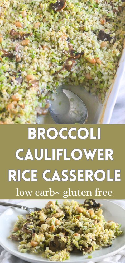 Packed with wonderful flavors and tons of vitamins and minerals, this warm, comforting low carb Broccoli and Cauliflower Rice Casserole is a simple to make, weeknight meal. Go ahead and add some shredded chicken or shrimp if you want to add some protein. Broccoli Cauliflower Rice Casserole, Broccoli And Cauliflower Rice, Broccoli Cauliflower Rice, Vegetarian One Pot Meals, Low Carb Broccoli, Broccoli Recipes Healthy, Cauliflower Rice Casserole, Gluten Free Recipes For Lunch, Broccoli And Cauliflower