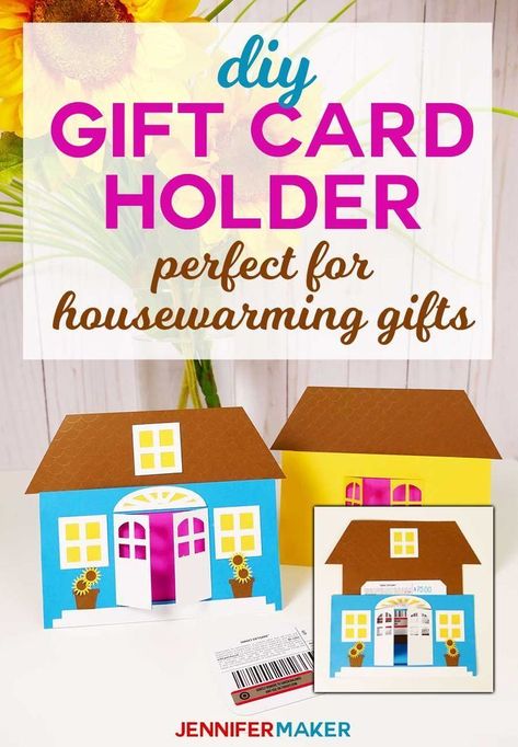 DIY Gift Card Holder is perfect for housewarming gifts and new home owners #cricut #papercrafts #giftcards #handmadegifts Gift Card Holder Diy, Gardening Gift Baskets, House Gift Box, Jennifer Maker, House Cards, Coffee Gift Basket, Housewarming Gift Baskets, Cricut Inspiration, Joy Gifts