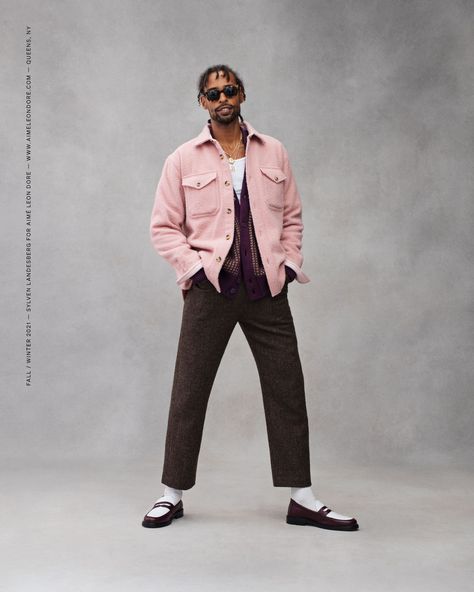 Fall / Winter 2021 - The World's Borough Pink Jacket Outfit, Classy Streetwear, Loafers Outfit, Aime Leon Dore, Brown Pants, Men Street, Men Fashion Casual Outfits, Streetwear Men Outfits, Cozy Fits