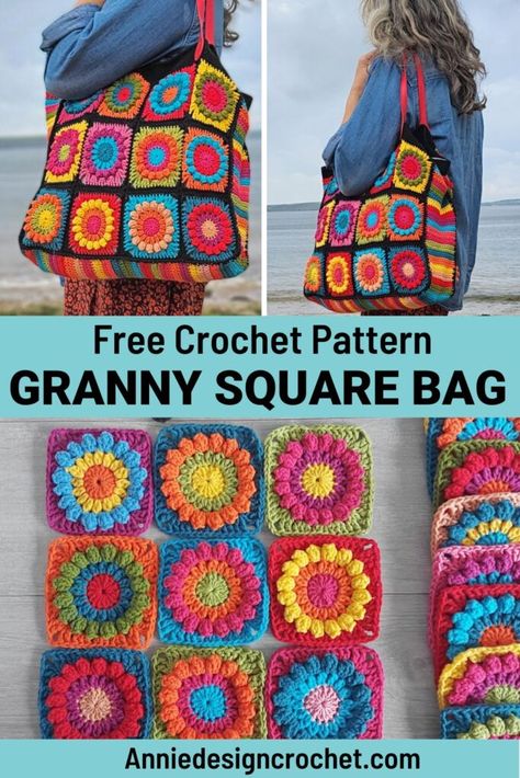 Fun Crochet Granny Square Bag: Free Pattern Tutorial - Annie Design Crochet Granny Stitch Crochet Patterns Free, Fun Crochet Projects Free, Crochet Granny Square Bag, Sac Granny Square, Tote Crochet, Crochet Boho Bag, Granny Square Crochet Patterns Free, Poncho Crochet, Design Crochet