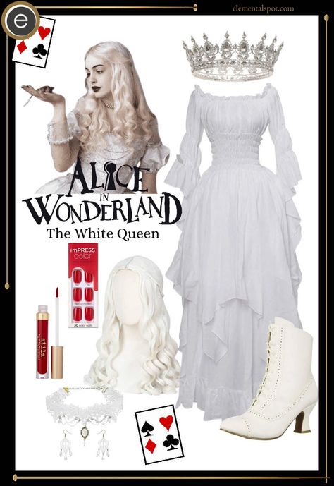 Dress Up Like The White Queen from Alice in Wonderland - Elemental Spot White Queen Outfit Ideas, Alice In Wonderland The White Queen, Diy White Queen Costume Wonderland, White Queen Makeup Alice In Wonderland, Alice In Wonderland Costume White Queen, Alice In Wonderland Live Action Dress, The White Witch Costume, The White Queen Costumes, Alice And The Wonderland Costumes