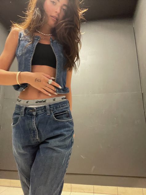 Double Denim Skirt Outfit, Oversized Jean Shorts Outfit, Aesthetic Rock And Roll, Dirtbag Outfits, All Jean Outfit, Sleeveless Jean Jacket Outfit, Ripped Jeans Aesthetic, Denim Collage, Denim Top Outfit