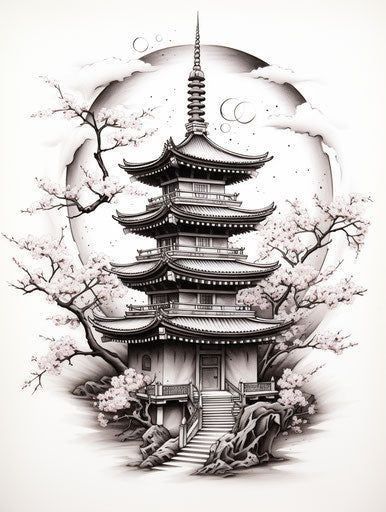 Japanese Tattoo Art Temple, Japanese Pagoda Tattoo, Japanese Temple Tattoo Design, Tattoo Ideas Zodiac, Art Sleeve Tattoo, Temple Tattoo Design, Tattoo Ideas Skull, Tattoo Designs Minimalist, Tattoo Designs Dragon