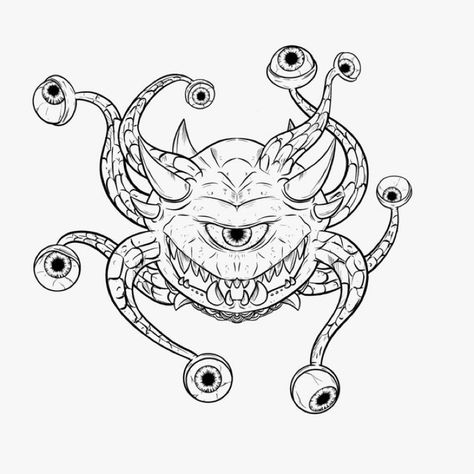 Beholder Tattoo Design, Beholder Tattoo, Beholder Dnd, Monster Tattoo, Tattoo Outline Drawing, 3 Tattoo, Art Procreate, Outline Drawing, Tattoo Outline