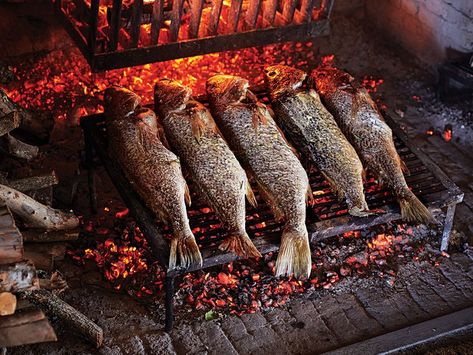 Whole Grilled Sea Bass Fish Recipe | Saveur Grilled Sea Bass, Grilled Beef Ribs, Whole Fish Recipes, Grilled Trout, Sea Bass Recipes, Grilled Fish Recipes, Open Fire Cooking, Whole Fish, Grill Recipes