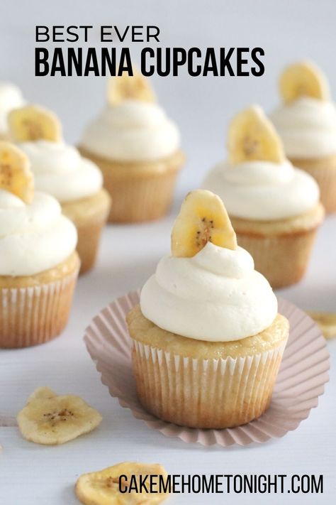 Banana cupcakes with cream cheese frosting are moist and delicious! The banana cupcakes are made with fresh, overripe bananas for great flavor. Sweet and tangy cream cheese frosting is the perfect pairing to these cupcakes. Banana Cream Cupcakes, Banana Cupcakes With Cream Cheese, Banana Bread Cupcakes, Banana Frosting, Banana Cupcakes, Cupcakes With Cream Cheese Frosting, Banana Cake Recipe, Cream Cheese Frosting Recipe, Overripe Bananas