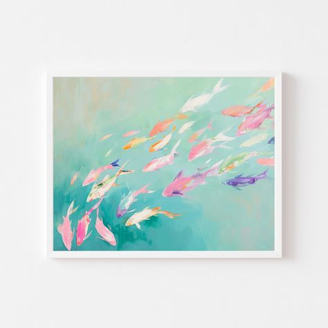 DIGITAL FILE ONLY Colorful Abstract School of Fish Painting | Pastel Coastal Wall Art Print | Beach House Ocean Printable | Summer Watercolor Digital Download Four Sisters Print Shop's original art prints are colorful and modernized still lifes, portraits, and landscapes inspired by impressionist and fauvist art of the past. Our high-quality digital artwork will add a dose of joy and personality to any room. This is an instant download and no physical products will be shipped. INCLUDED FILE SIZE Colourful Beach House, Pink Ocean Painting, School Of Fish Painting, Pastel Mural, Pastel Acrylic Painting, Sunlight Painting, Pastel Abstract Art, Colorful Beach House, Fauvist Art