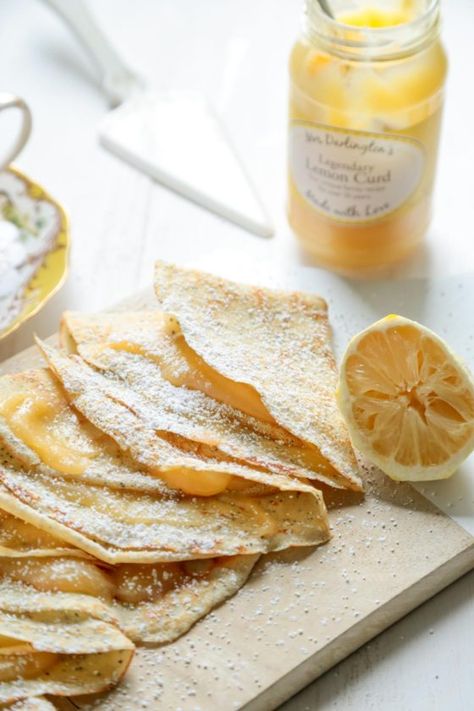 Lemon Poppyseed Crepes with Lemon Curd - And NO Fancy Pans Required! - www.countrycleaver.com Poppyseed Crepes, Crepes Strawberry, Baking Art, Lemon Poppy Seed, Lemon Poppy, Lemon Poppyseed, Delicious Breakfast Recipes, Lemon Desserts, Poppy Seed