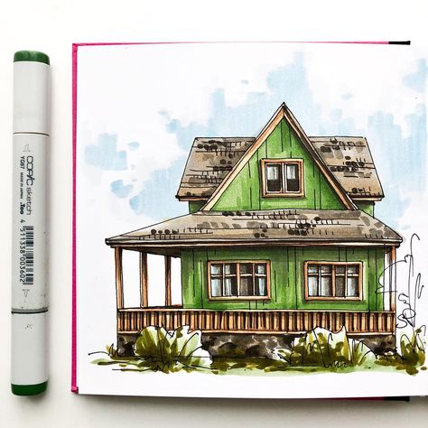 House Drawing Marker, Houses Art, Markers Art, Copic Marker Art, Simple Building, Travel Sketchbook, Art Markers, House Sketch, Drawing Sketchbook