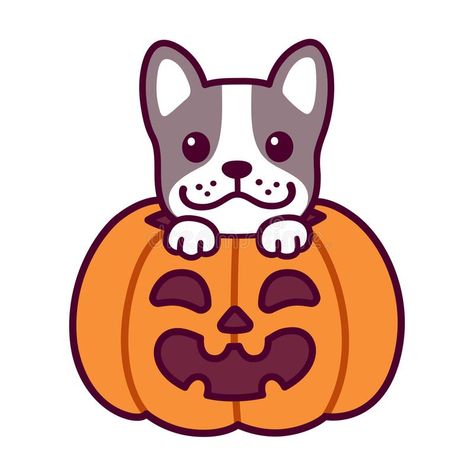 Cute cartoon French Bulldog in Halloween pumpkin. Trick or Treat. Cute cartoon French Bulldog in Halloween pumpkin. Kawaii dog drawing, funny vector illustration stock illustration Scary Dogs Drawing, Dog Halloween Drawing, Halloween Animals Drawing, Cute Halloween Pumpkin Drawing, Pumkin Drawing Cartoon, Kawaii Dog Drawing, Dog Drawing Funny, Pumpkin Kawaii, Cartoon French Bulldog