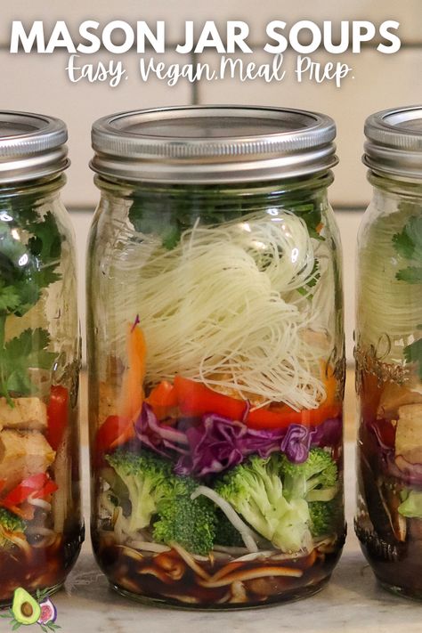 These Mason Jar Soups are the perfect lazy, easy meal prep for the winter. Comforting and ready-to-eat soup with minimal effort and no actual cooking. This satisfying soup is also balanced with protein, lots of fiber, and nutrients. Meal prep should only take about 15-20 minutes when making these mason jar soups. All you have to do is slice your vegetables, dice tofu or just add your protein of choice, and place everything into a few mason jars. Healthy Mason Jar Soup, Make Ahead Soup In A Jar, Jar Soup Meal Prep, Noodle Soup Jar Meal Prep, Mason Jar Instant Noodle Soup, Asian Soup In A Jar, Meal Prep Rice Noodle Jar, Mason Jar Meal Prep Vegetarian, Jar Soups Mason