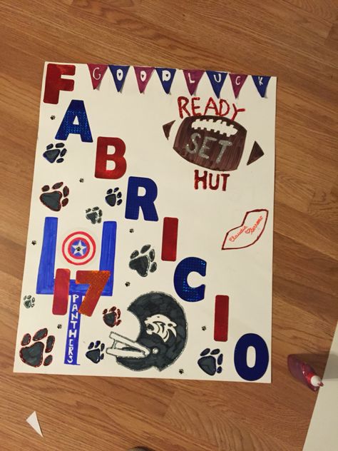 Football Poster for him ! Football Posters Senior Night, Homemade Football Posters, Flag Football Poster Ideas, Posters For Football Players, Football Championship Poster Ideas, Football Playoff Posters, Homecoming Football Posters For Players, Football Player Poster Ideas, Football Homecoming Posters