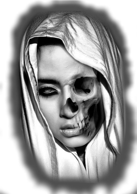 Half Skull Half Woman Face Tattoo, Half Skull Half Face Tattoo, Realistic Tattoo Ideas, Half Skull Face, Skull Face Tattoo, Day Of Dead Tattoo, Chest Tattoo Stencils, Skull Woman, Evil Skull Tattoo