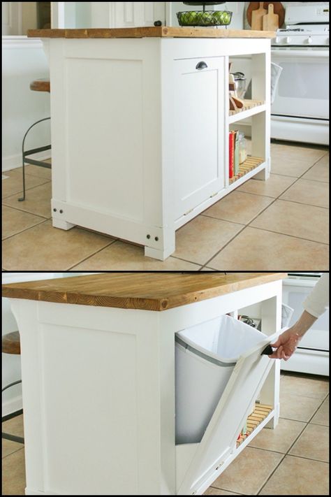 If your kitchen needs improvement in terms of functionality, then a DIY kitchen island with trash storage is a great project for you! What's also great is that your trash is kept out of sight. Kitchen Island With Trash Storage, Kitchen Island With Trash Bin, Kitchen Island With Trash, Table In Kitchen, Pallet Kitchen Island, Diy Kitchen Makeover Ideas, Kitchen Cabinet Plans, Trash Storage, Mobile Kitchen Island