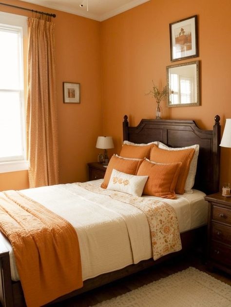 Striped Bedroom Walls, Orange Headboard, Orange Bedroom Walls, Burnt Orange Bedroom, Rent Room, Orange Bed, Indian Bedroom Design, Yellow Painted Walls, Orange Bedroom Decor