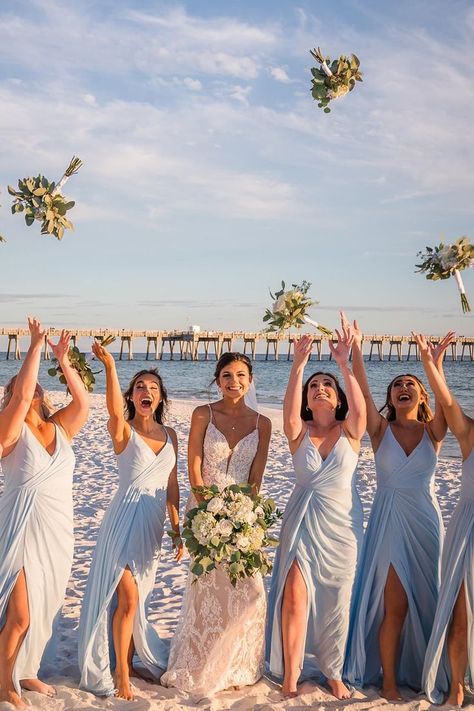 Bridal Party Black, Wedding Photography Poses Bridal Party, Panama City Beach Wedding, Beach Bridesmaids, Black And White Wedding Theme, Beach Wedding Bridesmaids, Unique Destination Wedding, Dream Beach Wedding, Storybook Wedding