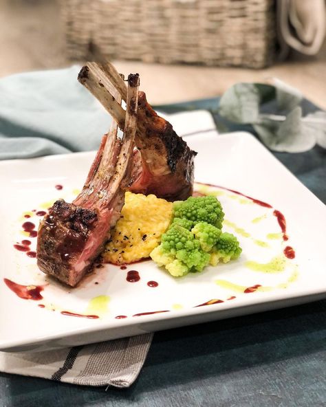 TheOliveApron: Food + Recipes’s Instagram photo: “Rack of Lamb Paired with Saffron Risotto, Romanesco, a Red Wine Demi Glacé and Basil Oil” Saffron Risotto, Basil Oil, Rack Of Lamb, Risotto, Red Wine, Basil, Wine, Instagram Photo, Red