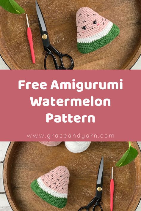 Quick and easy no-sew amigurumi watermelon pattern! Crochet Watermelon Amigurumi, Crochet Watermelon Pattern Free, Watermelon Amigurumi Free Pattern, Watermelon Crochet Patterns, Grace And Yarn, Crochet Amiguri, Crocheted Food, Random Crochet, Fruit Crochet