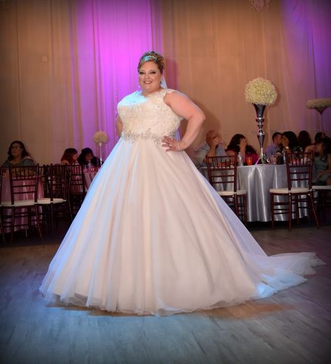 Gabby's Sophisticated and Romantic Wedding Dress - Her ballgown wedding dress featured lace bodice with cap sleeves, beaded accent at the waist and full tulle skirt. Love the super full look? We added a hoop skirt for maximum effect (and a little air conditioning!).  Find your perfect plus size ballgown wedding dress at Strut!  #champagneweddingdress #strutbridal Ballgown Plus Size Wedding Dress, Plus Size Ballgown Wedding, Plus Size Ballgown, Ballgown Wedding Dress, Romantic Wedding Dress, Plus Size Wedding Dress, Plus Size Brides, Ballgown Wedding, Full Tulle Skirt