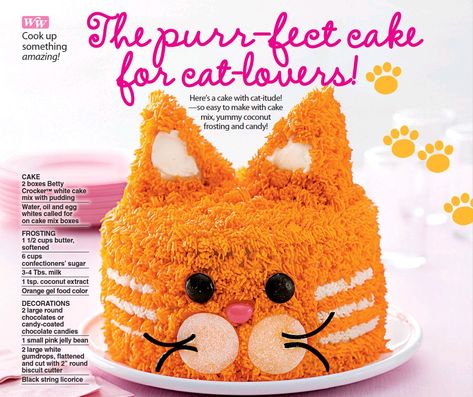 PressReader.com | Adorable, easy cat cake! Easy Cat Cake, Kitty Cat Cake, Pink Jelly Beans, Betty Crocker Cake, Birthday Cake For Cat, Magazine Clippings, Coconut Frosting, Cat Birthday Party, Themed Desserts