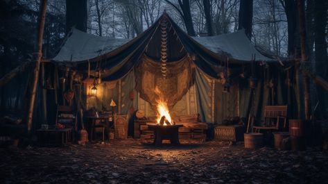 Medieval Camp Aesthetic, Fantasy Tent, Fictional Places, Camping In The Woods, Tarzan And Jane, Camping Aesthetic, Canvas Tent, Refugee Camp, Fantasy House