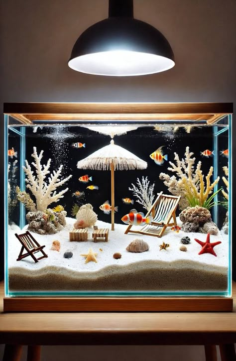 Fish Tank Ideas Decorations, Tv Fish Tank, Fish Tank Decoration Ideas, Fish Tank Decor Ideas, Tank Decoration Ideas, Small Aquarium Design, Fish Tank Themes Ideas, Cool Fish Tank Decorations, Aquarium Design Ideas