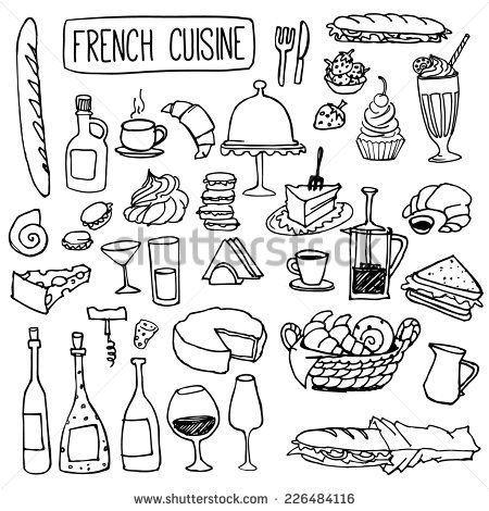 Set of doodles, hand drawn rough simple french cuisine food sketches. Isolated on white background Food Doodles, Paris Food, Illustrator Design Tutorial, Food Sketch, France Drawing, Bullet Journal Themes, French Culture, Paris Love, Paris Art