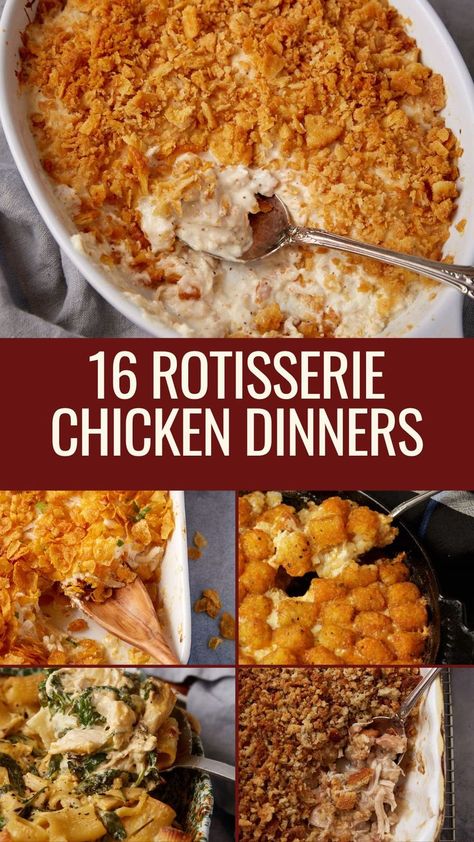 A collage of rotisserie chicken recipes. Recipes With Leftover Chicken, Cooked Chicken Recipes Leftovers, Best Rotisserie Chicken Recipe, Leftover Chicken Casserole, Recipe Using Leftover Chicken, Rotisserie Chicken Uses, Easy Rotisserie Chicken Recipes, Rotisserie Chicken Recipes Healthy, Leftover Chicken Recipes Easy