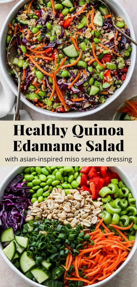 This vibrant quinoa edamame salad is a delightful mix of crunchy veggies such as cucumber, celery, carrots, and purple cabbage. Dressed in a savory Asian-inspired miso sesame ginger sauce, this nutritious salad is bursting with flavor and loaded with plant-based protein. Cucumber Miso Salad, Sesame Ginger Sauce, Edamame Recipes Salad, Quinoa Edamame, Asian Quinoa Salad, Asian Cabbage Salad, Asian Quinoa, Edamame Recipes, Crunchy Veggies