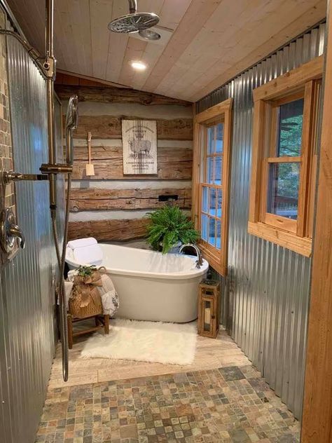 Shed To Tiny House, Cabin Bathrooms, Rustic Bathroom Designs, Bathroom Farmhouse Style, Farmhouse Front, Rustic Bathrooms, Outdoor Bathrooms, Shed Homes, Front Porches