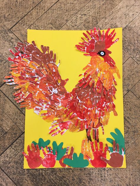 Year of the rooster, hand print rooster, Chinese New Year Rooster Art Preschool, Rooster Off To See The World Activities, Rooster Crafts Preschool, Rooster Craft, Eric Carle Art, Year Of The Rooster, Farm Animal Crafts, Farm School, K Crafts