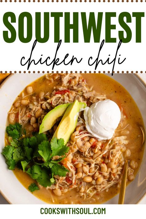 Cozy up this chili season with a delicious bowl of Southwest chicken chili! Perfect for fall and football season, this easy recipe is a family favorite that’s quick to make and full of flavor. Southwest Chicken Chili Recipe, Chili Season, Southwest Chicken Chili, Comforting Recipes, Fall And Football, Easy Comfort Food Dinners, Southwest Recipes, Flexitarian Recipes, Favorite Soups