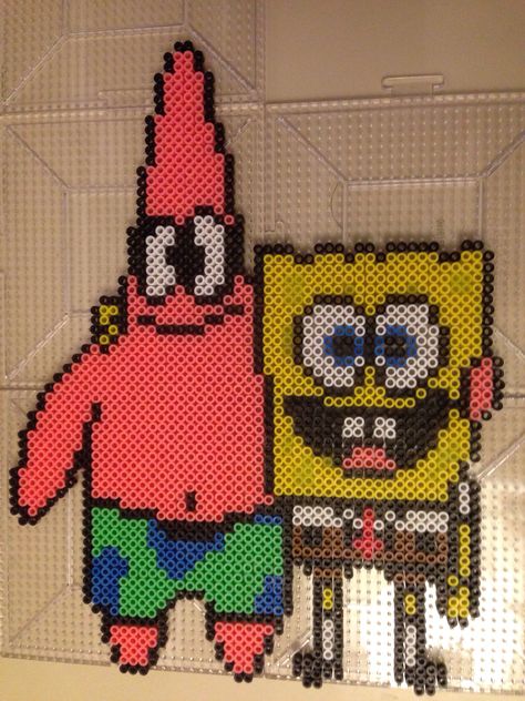 Spongebob and Patrick perler bead pattern Patrick Perler Bead Pattern, Pearler Bead Patterns Spongebob, Spongebob And Patrick Perler Beads, Patrick Perler Beads, Star Perler Bead Patterns, Spongebob Perler Beads, Star Perler, Beaded Belts Patterns, Spongebob And Patrick