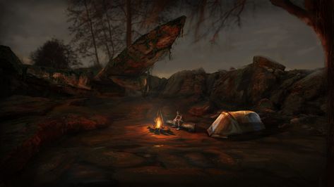 Camp by the Wreckage ,  on ArtStation at https://www.artstation.com/artwork/bgK81n Anime Camping Background, Camping Background Landscape, Camp Background, Campfire Fantasy Art, Forest Banner, Forest Campfire Painting, Campfire Cinematography, Horizontal Background, Gfx Resources