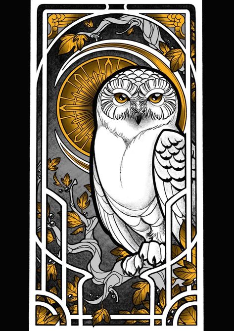 Japanese Owl Art, Owl Mural Art, Printmaking Designs, Fleurs Art Nouveau, Art Deco Tattoo, Art Nouveau Tattoo, Motifs Art Nouveau, Nouveau Tattoo, Illustration Art Nouveau