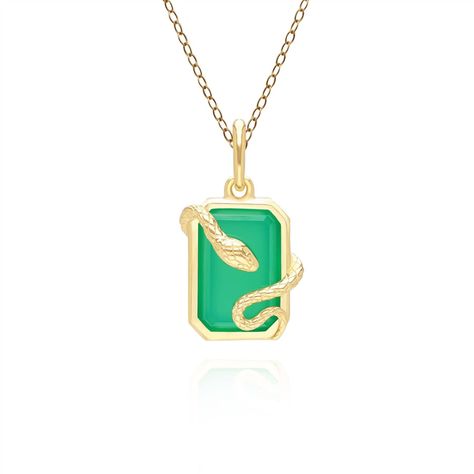 A stunning serpent pendant featuring a Green Chalcedony surrounded by a winding Gold Plated Sterling Silver snake design, complete with detailed scales and markings. This pendant comes with a matching chain. A quick buff with a jewellery cleaning cloth will remove metal tarnishes and keep gemstones looking glossy. Please avoid contact with perfumes, cosmetics or chemicals. High Jewellery, Snake Pendant, Green Chalcedony, Snake Jewelry, Snake Design, Gold Snake, Deco Jewelry, Art Deco Jewelry, Gems Jewelry