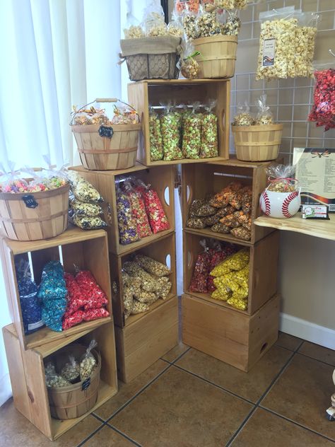 Our retail popcorn display                                                                                                                                                                                 More Diy Snack Display Rack, Candy Store Window Display, Retail Snack Display Ideas, General Store Display Ideas, Popcorn Store Design, Candy Shop Display Ideas, Candy Store Decoration Ideas, Retail Candy Display Ideas, Candy Store Display Ideas